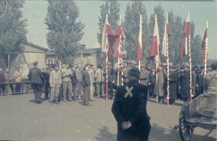 Yeni kurtarılmış Dachau Toplama Kampının dışında bir kırmızı beyaz bayraklarla bir kutlama için Mayıs 1945'te toplanmış eski tutsaklar (Foto: Albay Alexander Zabin, Holocaust Müzesi, USA)